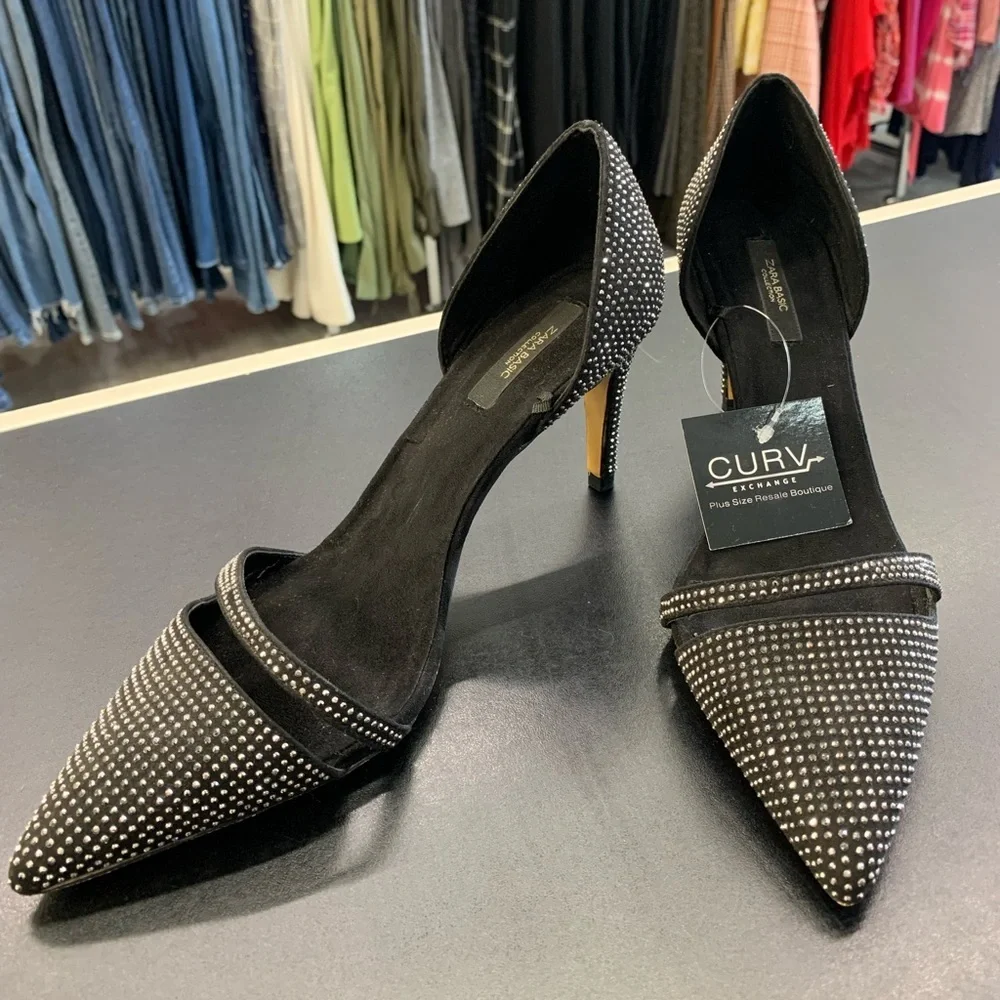 Zara Black Pointed D'Orsay Heels with Silver Stud Detail